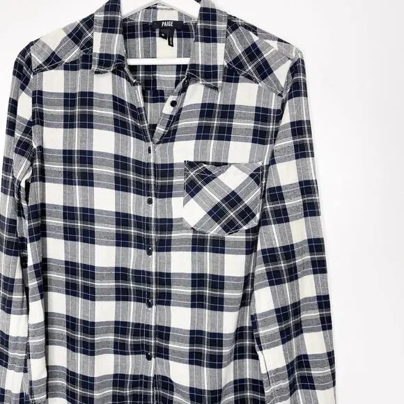 PAIGE Cream & Blue Plaid Button-Down Shirt Versatile Casual & Workwear Essential - Picture 2 of 9